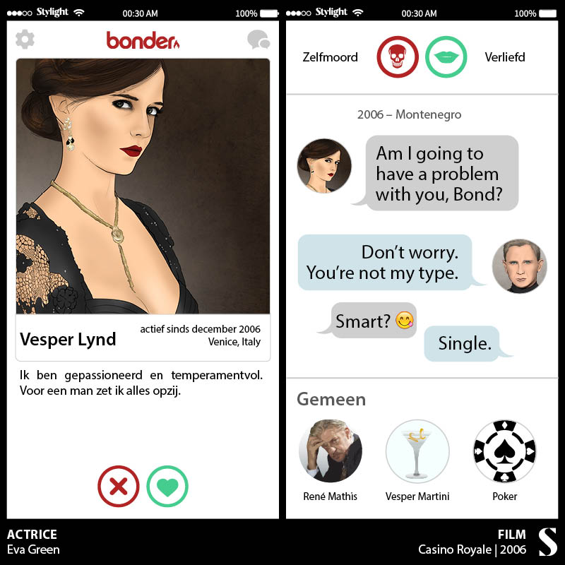 Stylight Tinder profiel Bondgirl Vesper Lynd en chat met 007