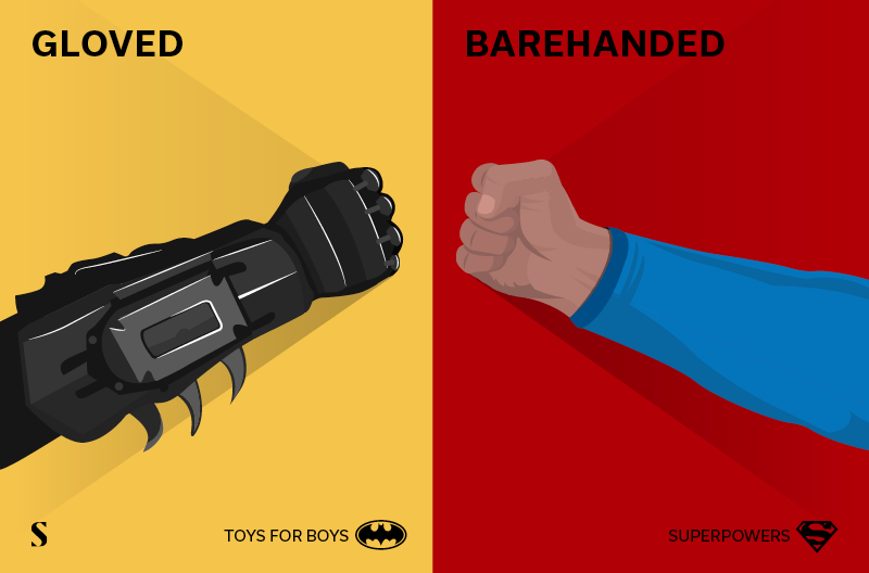 Stylight handschoen Batman versus blote vuist Superman