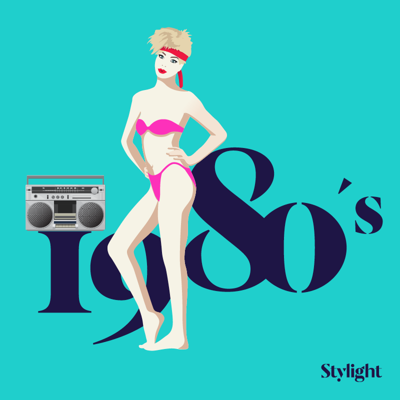 Stylight de bikini is jarig met jaren 80 model met fluo roze bikini en hoofdband