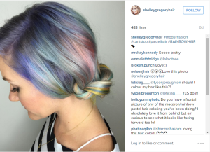 Regenboog haar Instagram post haarstyliste Shelly Stylight