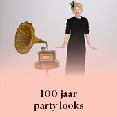 100 jaar party looks model in zwarte jurk met grammafoon Stylight