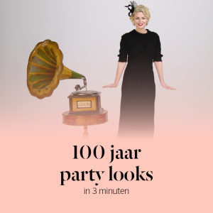 Stylight 100 jaar party looks model in zwarte jurk met grammafoon