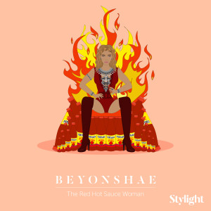 Stylight Game of Style Beyonce op troon van rode hete saus flessen en vlammen