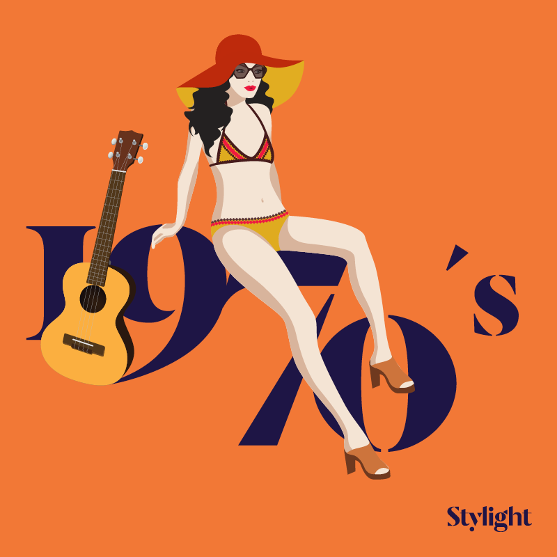 Stylight de bikini is jarig jaren 70 model in orange bikini flaphoed en gitaar
